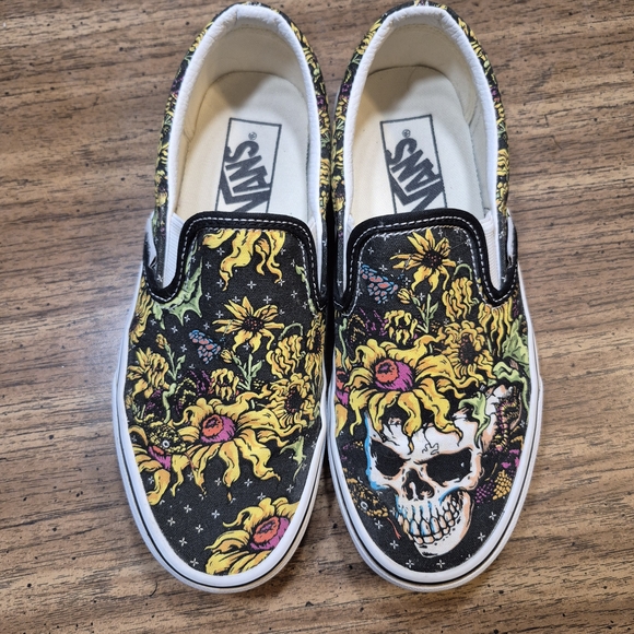 Vans Shoes - Vans Slip-On Shoes - Black with Floral Skull Design